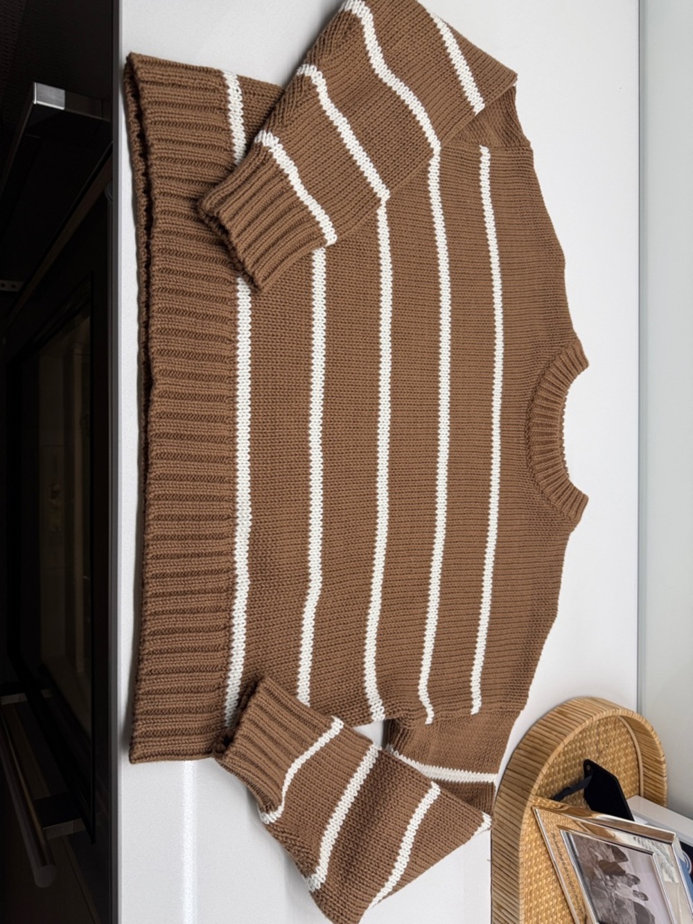 Jenni Kayne Brown and White Striped Crewneck Sweater